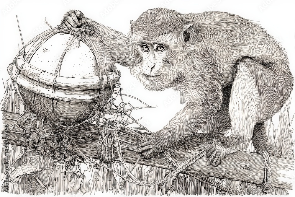 Intricate Illustration of Monkey Interacting with Vintage Ball Object