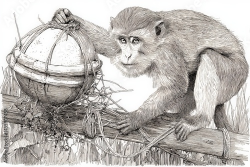 Obraz na płótnie Intricate Illustration of Monkey Interacting with Vintage Ball Object w salonie