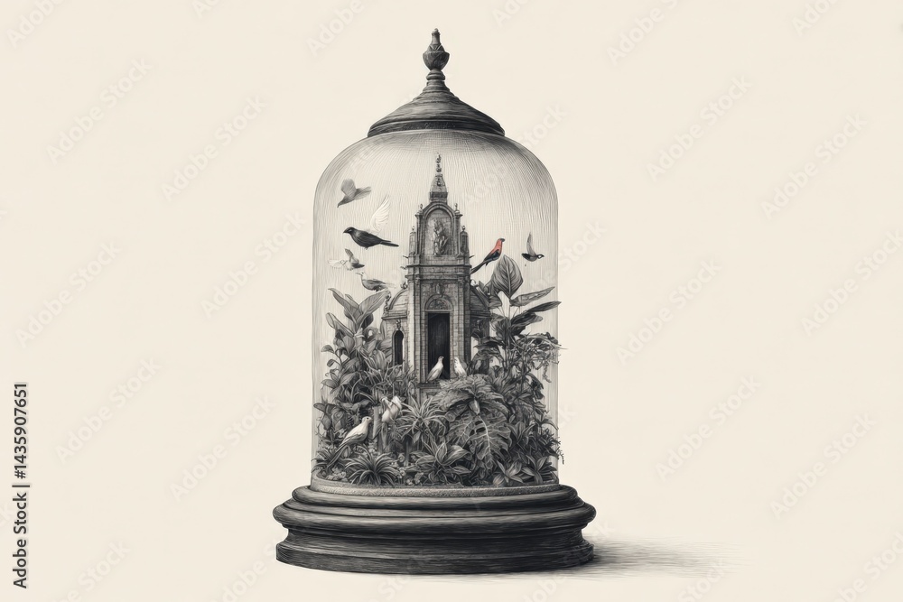Intricate Nature Scene Enclosed in Glass Dome with Birds and Plants