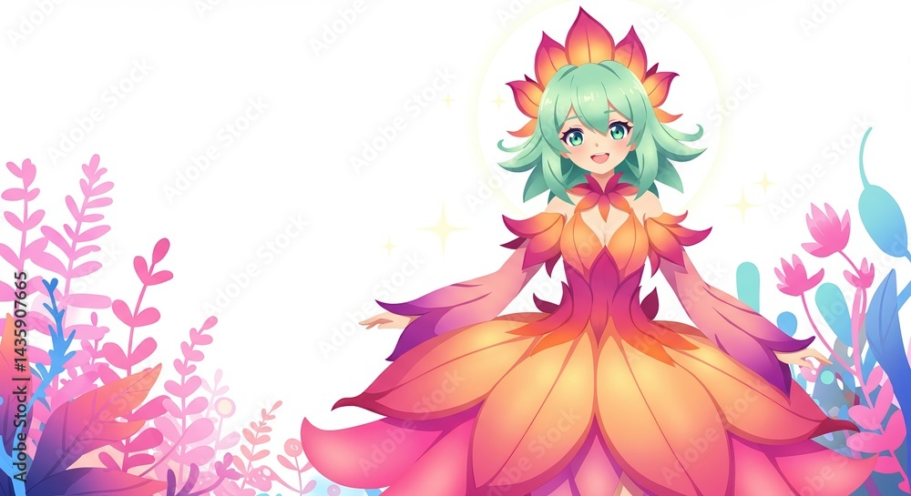 花のようなドレスを着た若い女性、ファンタジーの背景に立って、コピー空間があります 花のようなドレスを着た若い女性、ファンタジーの背景に立って、コピー空間があります