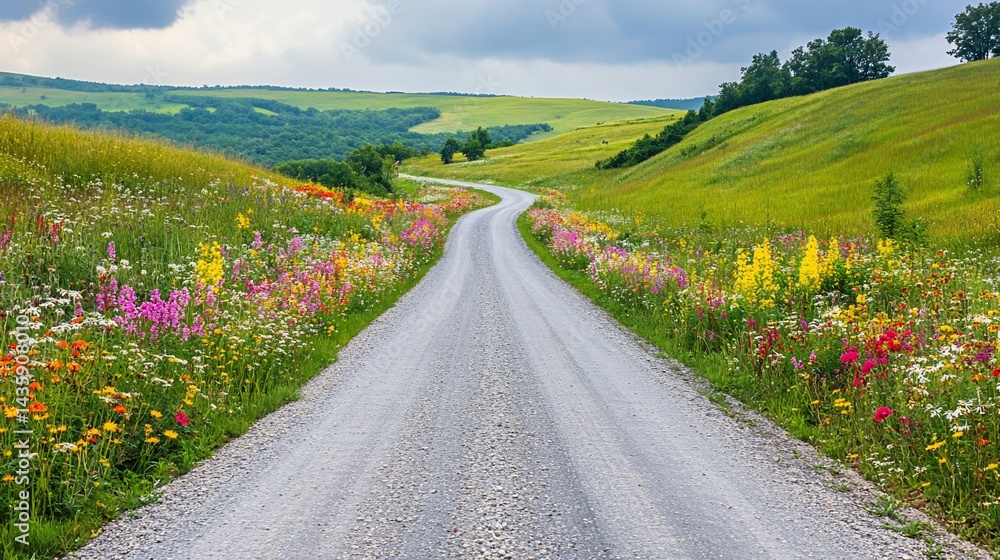 Naklejka premium Picturesque gravel road winding through a vibrant wildflower meadow