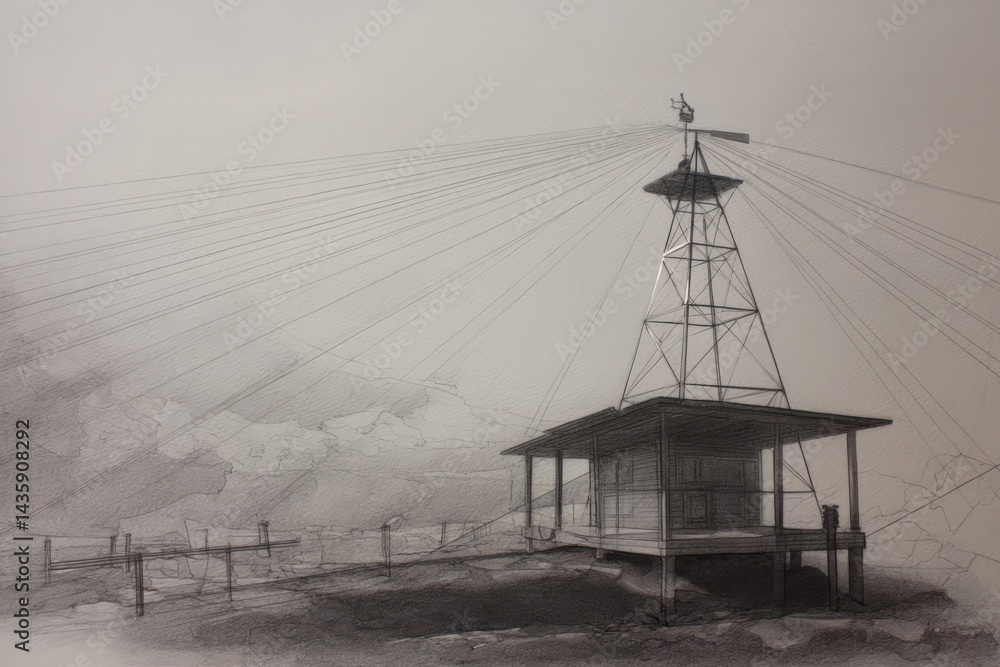 Isolated Communication Tower on Foggy Landscape with Surrounding Cables