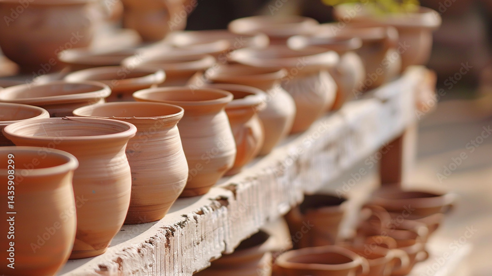 Fototapeta premium Rows of handcrafted clay pots on a rustic wooden shelf. Pottery and ceramic art display.
