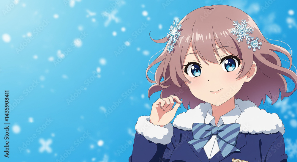雪の結晶をつけたアニメの女の子が微笑む、背景にコピー空間あり 雪の結晶をつけたアニメの女の子が微笑む、背景にコピー空間あり