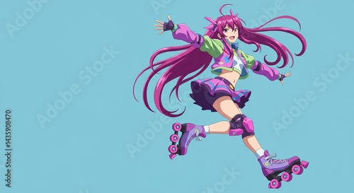 ローラースケートでジャンプする紫色の髪の女の子、コピースペースあり