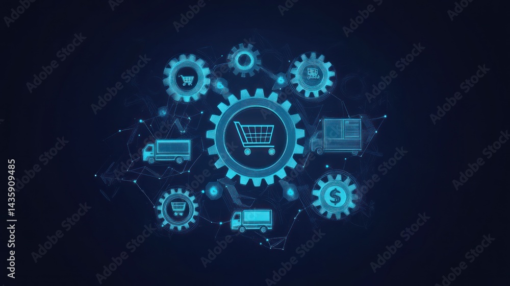 Obraz premium E-commerce logistics network, global shipping, online shopping, digital supply chain, dark background, website banner