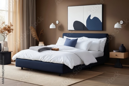 Modern Minimalist Bedroom Interior Design With Dark Blue Bed And Abstract Artwork