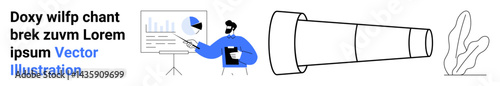 Businessman presenting analytics graph on board, symbolizing strategic planning, vision, and teamwork. Telescope depicts long-term goals, insights. Ideal for business, marketing, vision strategy