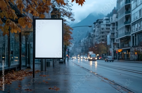 Blank Billboard On A Rainy City Street With Autumn Leaves And A Mountain View