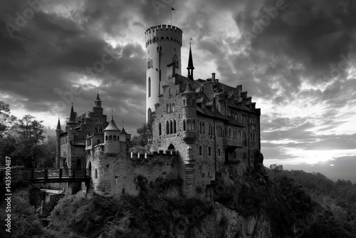 Obraz na płótnie Majestic Gothic Castle on a Hill Under Dramatic Cloudy Sky w salonie