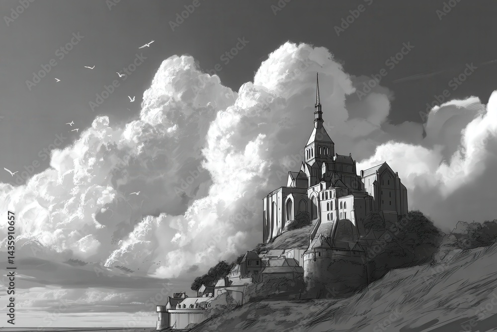 Majestic Monochrome Castle Under Dramatic Cloudy Sky