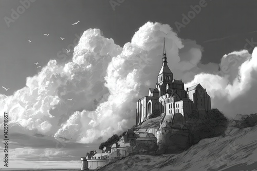 Obraz na płótnie Majestic Monochrome Castle Under Dramatic Cloudy Sky w salonie