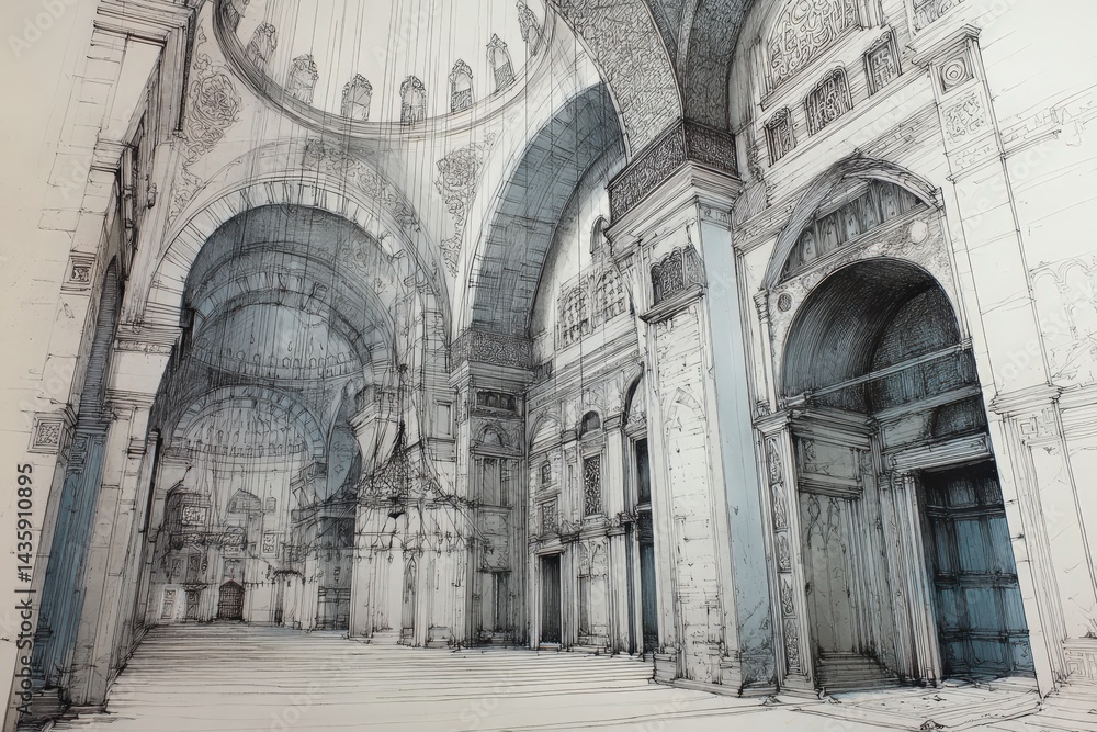Majestic Interior of a Historic Mosque with Intricate Architecture