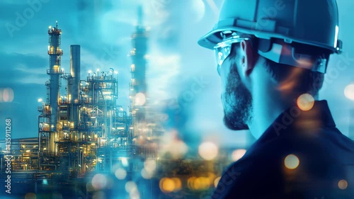 Industry Professional in Protective Gear at Modern Oil Refinery Site