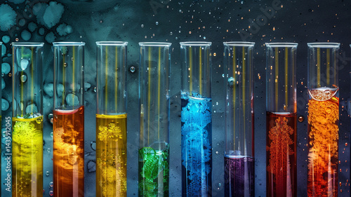 Colorful liquids in test tubes. Science experiment, chemistry lab, vibrant solutions.