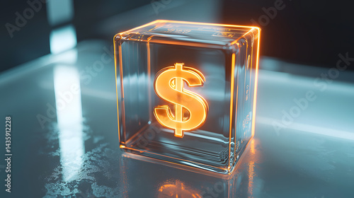 Illuminated dollar sign inside glass cube finance concept studio close-up modern design for stock photography