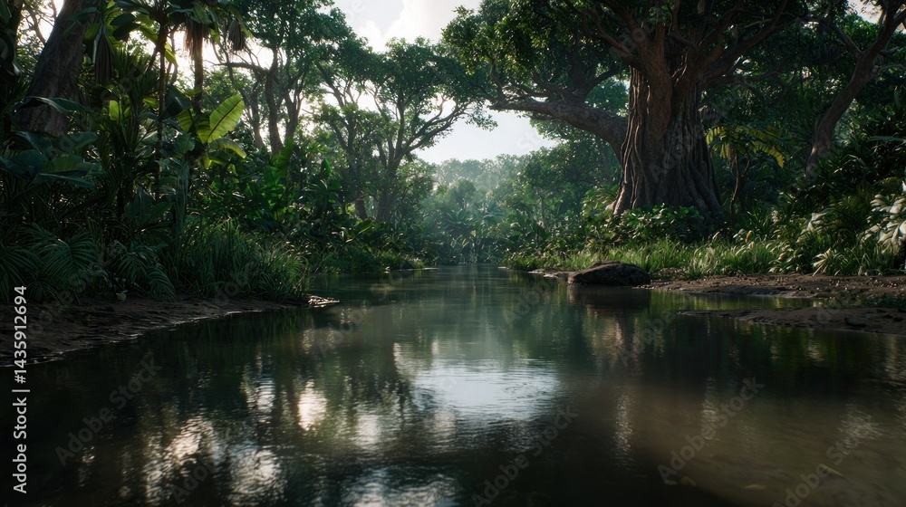 Lush jungle river flowing through dense foliage Lush jungle river flowing through dense foliage