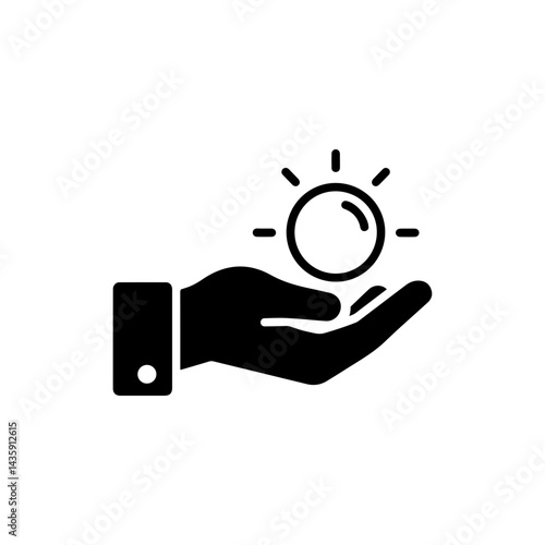 Black Filled Icon of a Hand Holding a Glowing Orb Signifying the Power of Creation