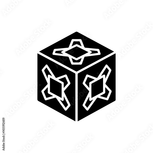 Black Cube Icon with Symmetrical Patterns Symbolizing Stability and Form