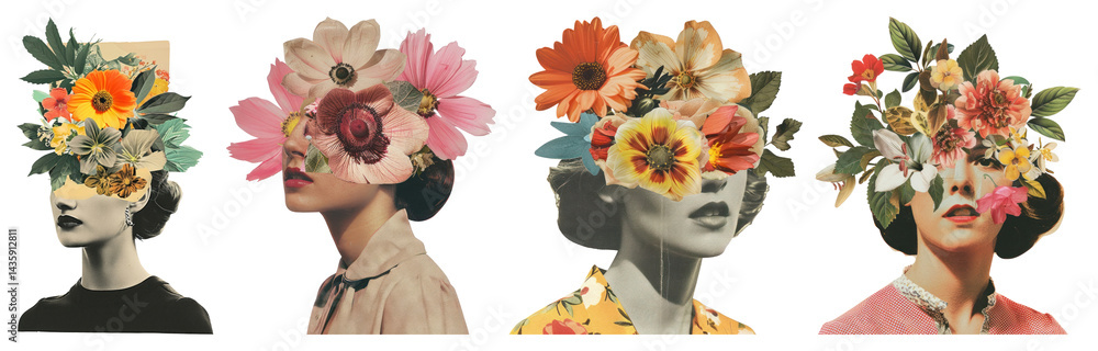PNG Surreal floral head collage, element set on transparent background