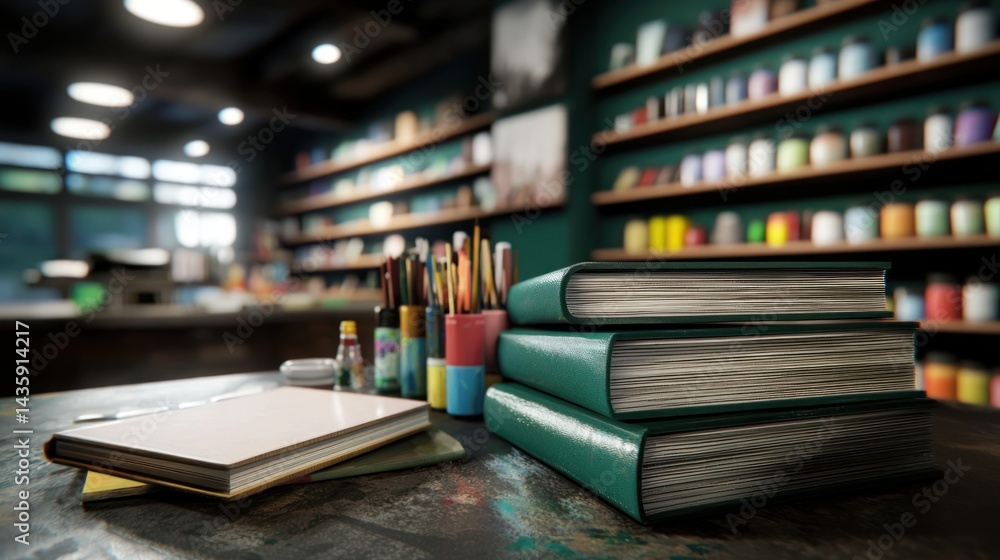 Fototapeta premium Art supply store interior, books on table, colorful shelves, blurred background