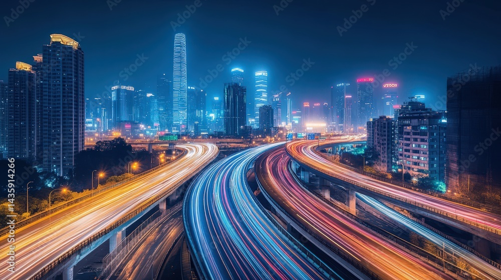 Fototapeta premium A high-speed expressway curving through a modern metropolis, with cars leaving light trails at night