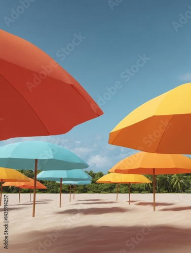 Wallpaper Mural Group of colorful umbrellas on a sandy beach. the sky is blue with a few white clouds scattered across it. the umbrellases are of different colors - red, orange, yellow, green, blue, and light blue. Torontodigital.ca