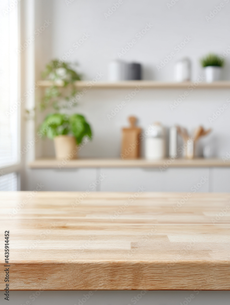 Wooden countertop provides a foreground in a bright kitchen setting with light neutral tones Wooden countertop provides a foreground in a bright kitchen setting with light neutral tones