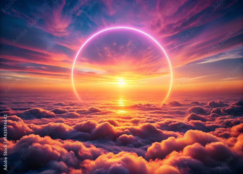 Neon Circle Floating Over Clouds generative ai Neon Circle Floating Over Clouds generative ai