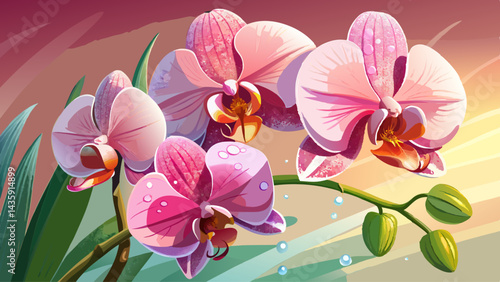 Close-up of pink orchids, with their petals covered in tiny droplets of morning dew, glowing softly in the early sunlight as they gently bend toward the light