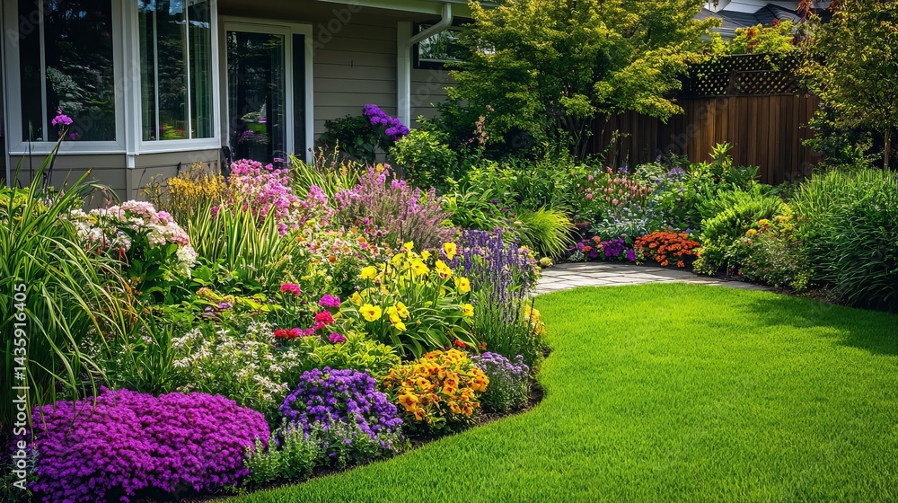 Naklejka premium Beautiful Vibrant Flower Garden Landscape Lush Green Grass Home Exterior Spring Summer Colorful Blooms Natural Beauty Residential Backyard Design 