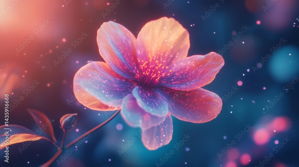 Fototapeta premium Glowing Pink and Blue Flower with Sparkling Petals