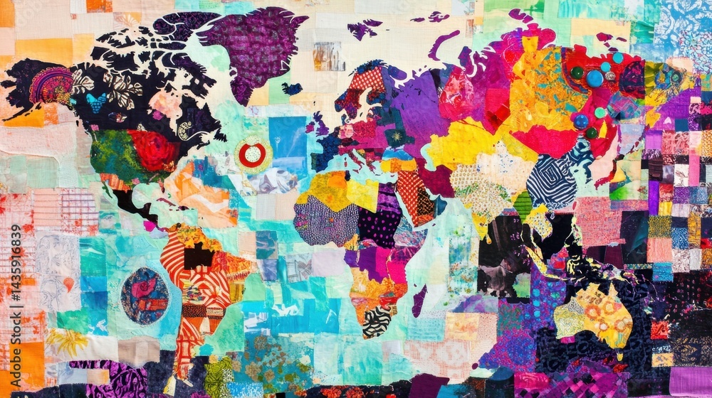 Naklejka premium Abstract world map rendered using a collage of textiles from various cultures and patterns