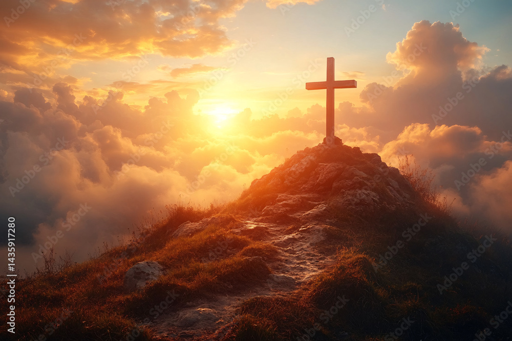 Wooden Cross On Mountain