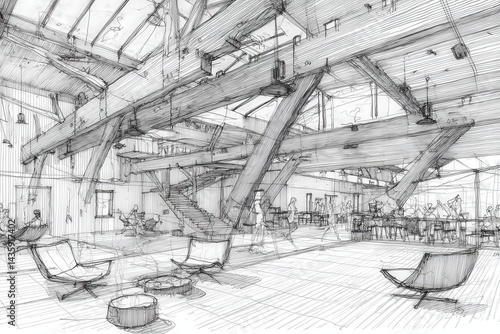 Obraz na płótnie Modern Architectural Sketch of Open Space with Wooden Elements w salonie