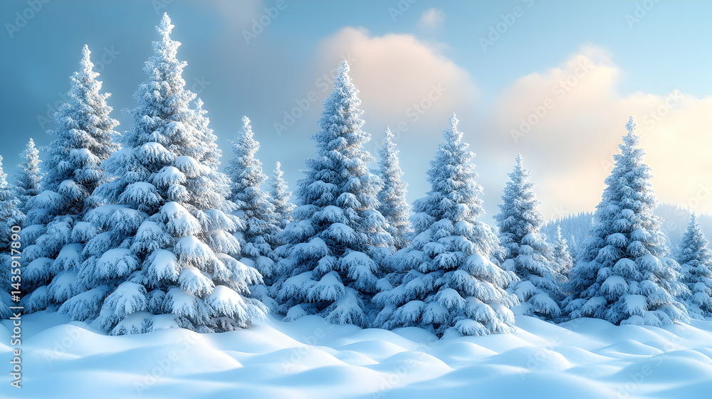 Snow-covered evergreens stand in a winter wonderland under a partly cloudy sky Deep snow drifts between the trees Snow-covered evergreens stand in a winter wonderland under a partly cloudy sky Deep snow drifts between the trees