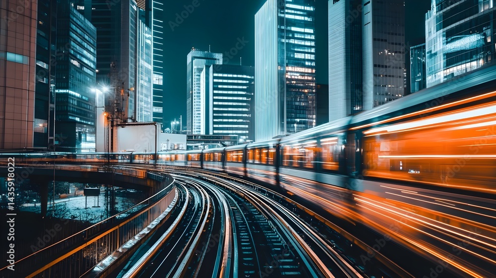 Dynamic Cityscape with Skyscrapers and Neon Train Motion at Night Dynamic Cityscape with Skyscrapers and Neon Train Motion at Night
