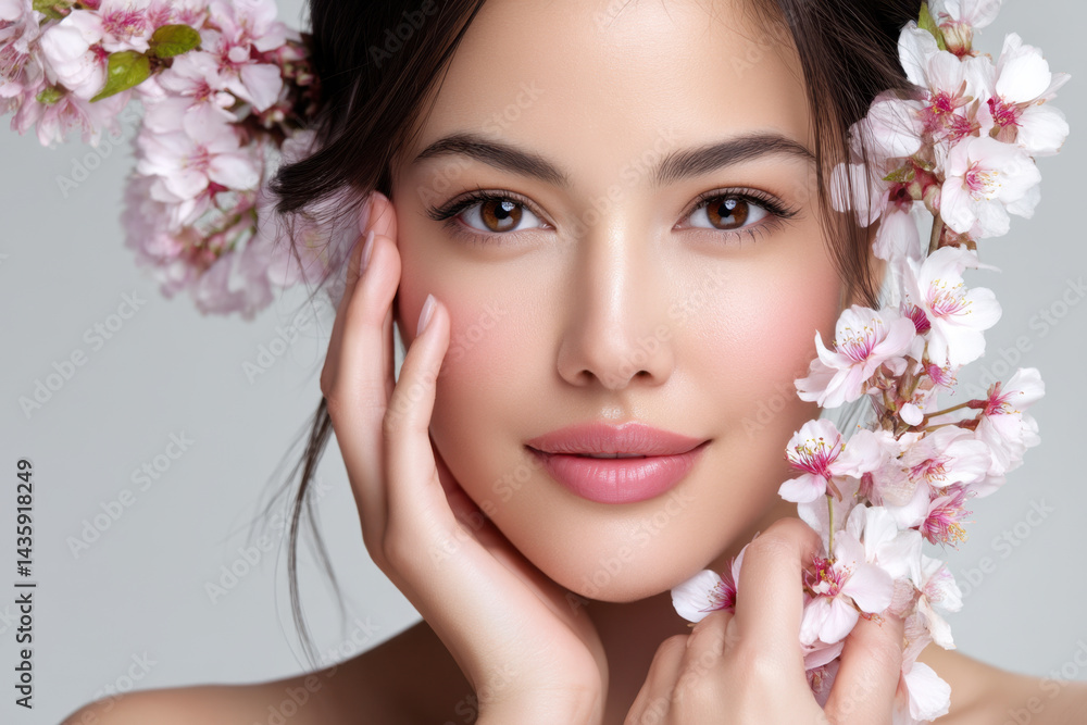 Woman with cherry blossoms. Natural beauty portrait with flowers. Skincare and cosmetics concept Woman with cherry blossoms. Natural beauty portrait with flowers. Skincare and cosmetics concept