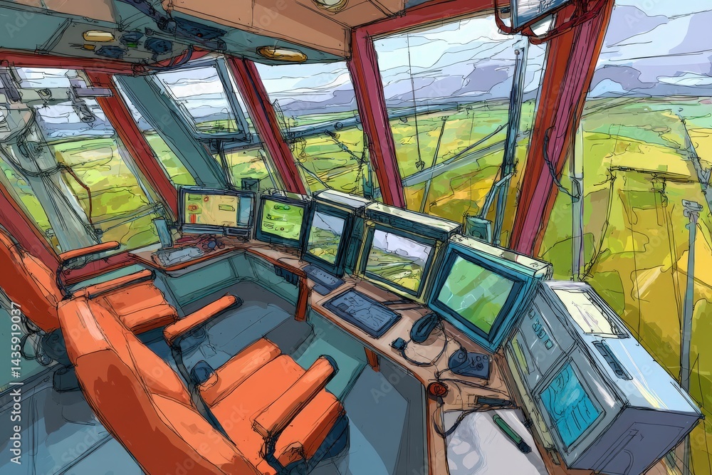 Modern control room with monitors and vibrant landscape view