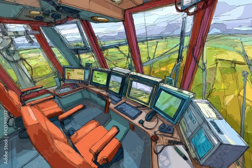 Obraz na płótnie Modern control room with monitors and vibrant landscape view w salonie