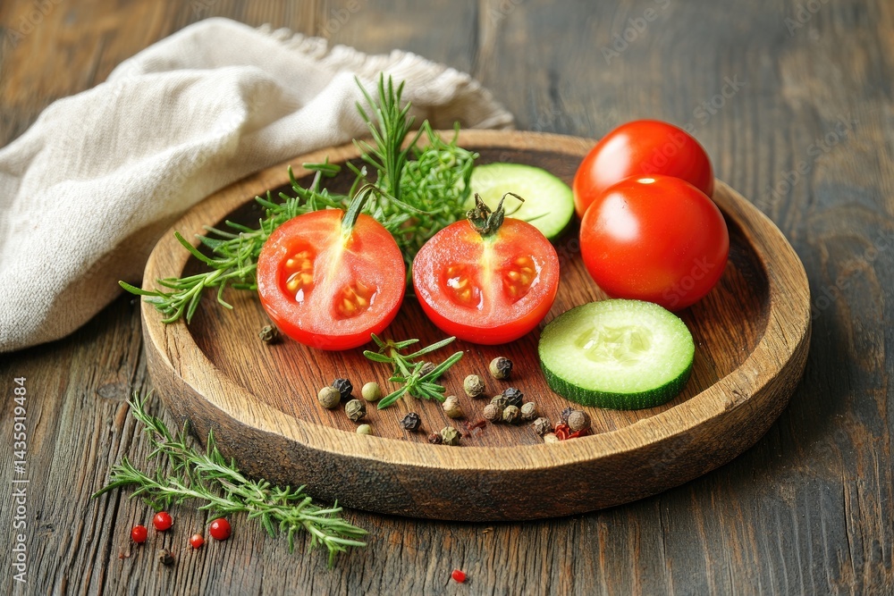 Freshly cut tomatoes, cucumber, and rosemary on a wooden plate Freshly cut tomatoes, cucumber, and rosemary on a wooden plate