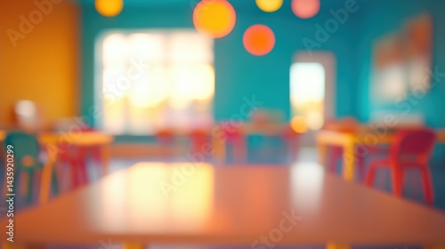 Wallpaper Mural Blurred colorful classroom with tables and chairs, soft background. Perfect for education, childhood, or daycare concept and illustration. Torontodigital.ca