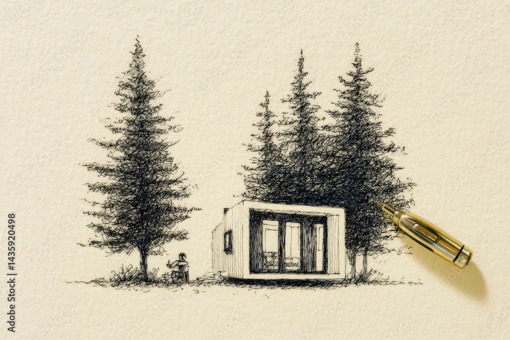Modern Minimalist Cabin Surrounded by Evergreen Trees in Nature