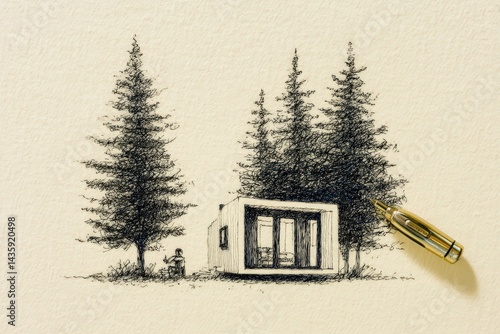 Obraz na płótnie Modern Minimalist Cabin Surrounded by Evergreen Trees in Nature w salonie