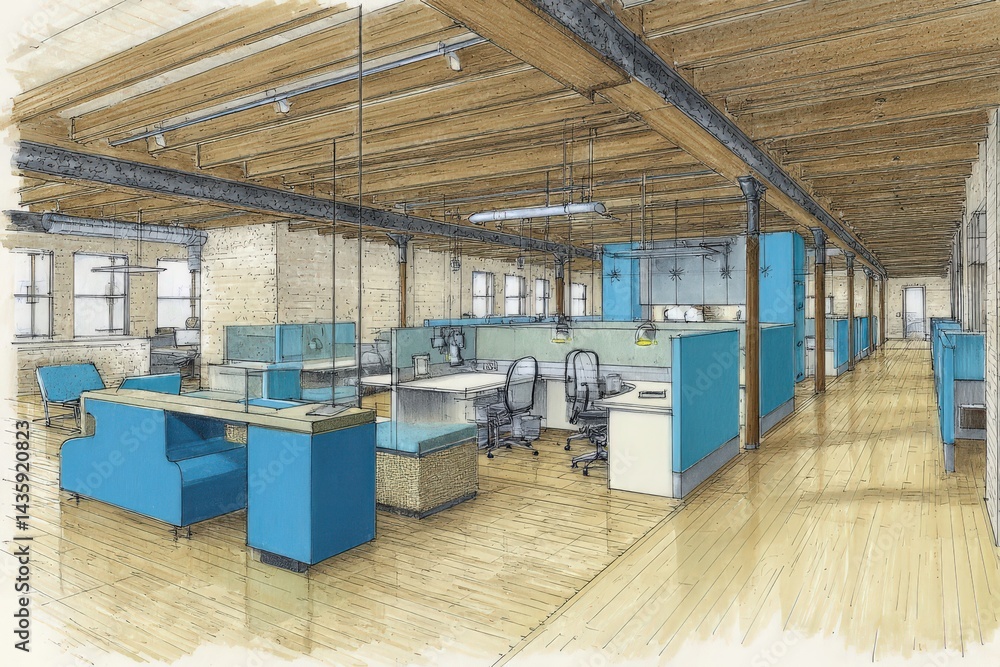 Modern Office Interior Design with Blue Accents and Open Space