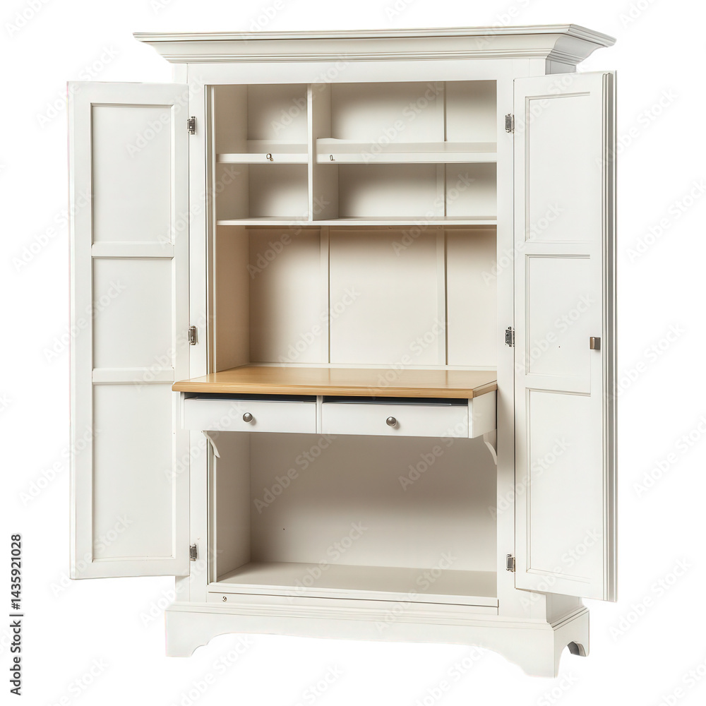 white wooden armoire with two open doors. revealing shelves and two drawers beneath a wooden top. designed for storage and organization in a home setting white wooden armoire with two open doors. revealing shelves and two drawers beneath a wooden top. designed for storage and organization in a home setting
