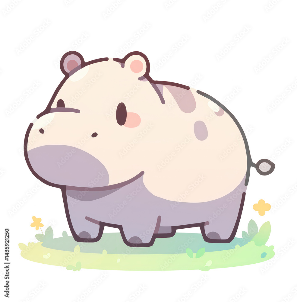 Cute cartoon hippo on grass Cute cartoon hippo on grass