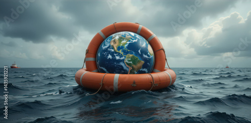A 3D rendering of the Earth, positioned atop an orange life preserver, adrift on a dark, stormy sea.