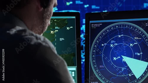 Professional air traffic controller in the control tower. Aircraft control officer works using radar, computer navigation and digital maps. Close-up portrait.