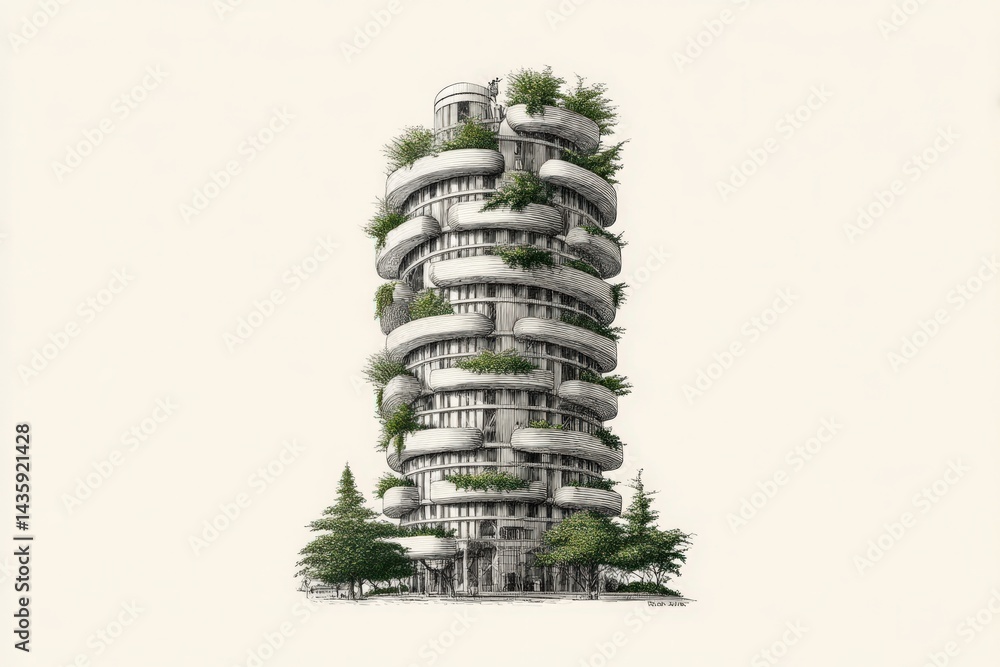 Modern Spiral Building Surrounded by Lush Greenery and Nature